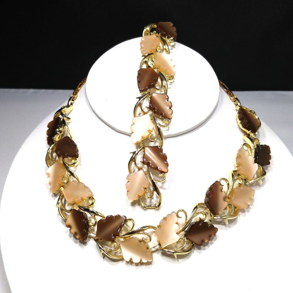 Mid-Century Beige Brown Moonglow Leaves Necklace Bracelet Set, Lucite Jewelry
